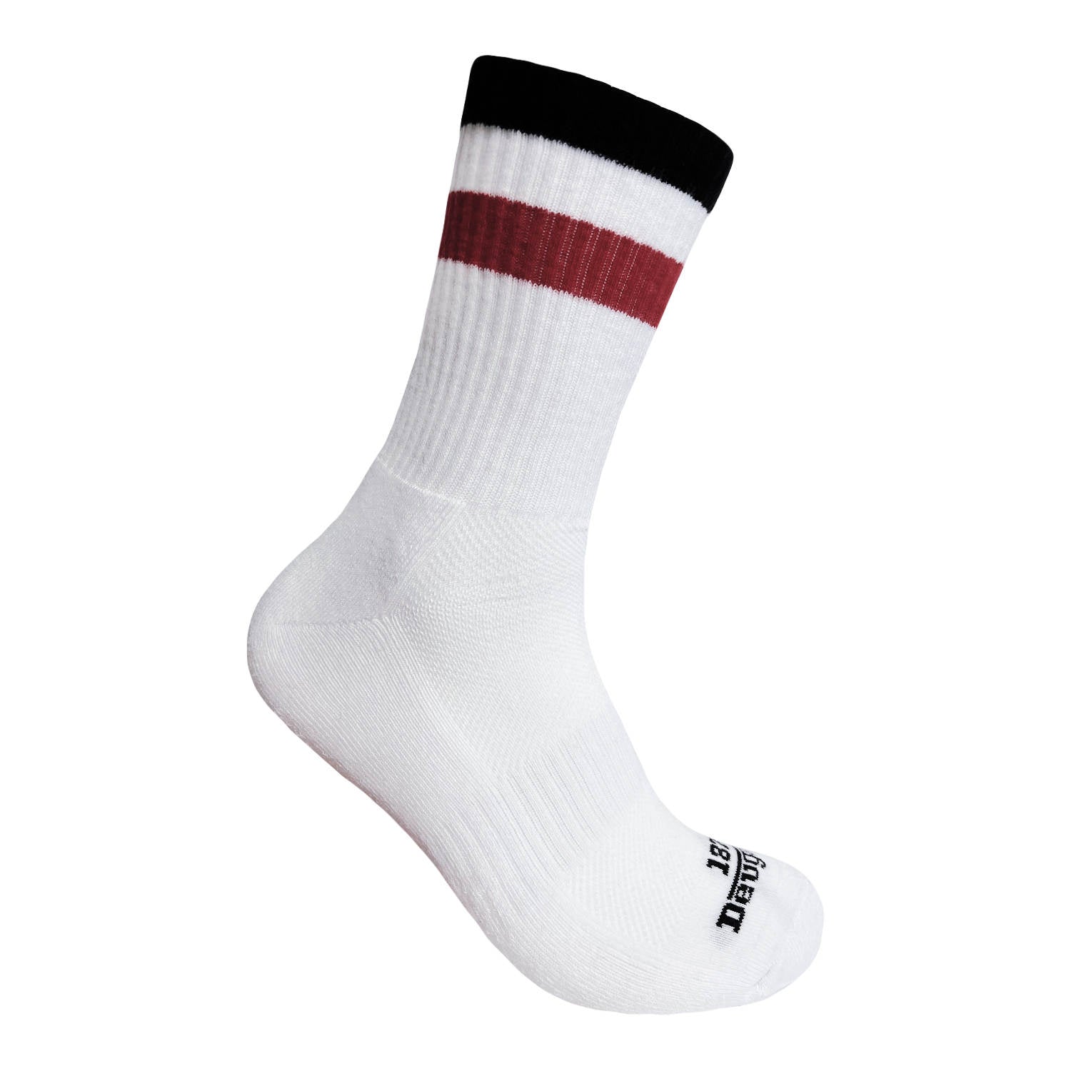 Weiße Socken, halbhoch,    schwarz-weiß-rot gestreift
