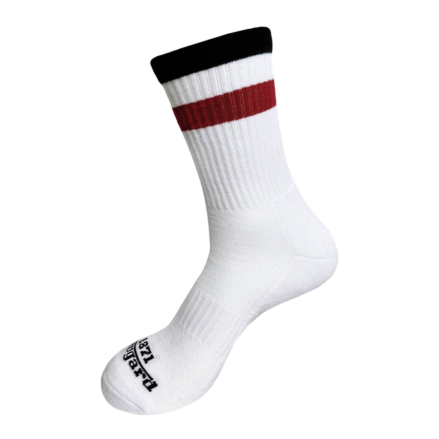 Weiße Socken, halbhoch,    schwarz-weiß-rot gestreift